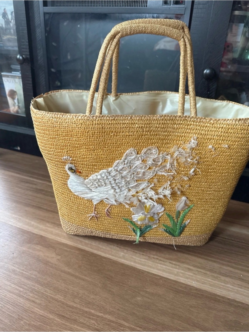 Vintage Woven Yellow Straw Tote with Embroidered White Peacock